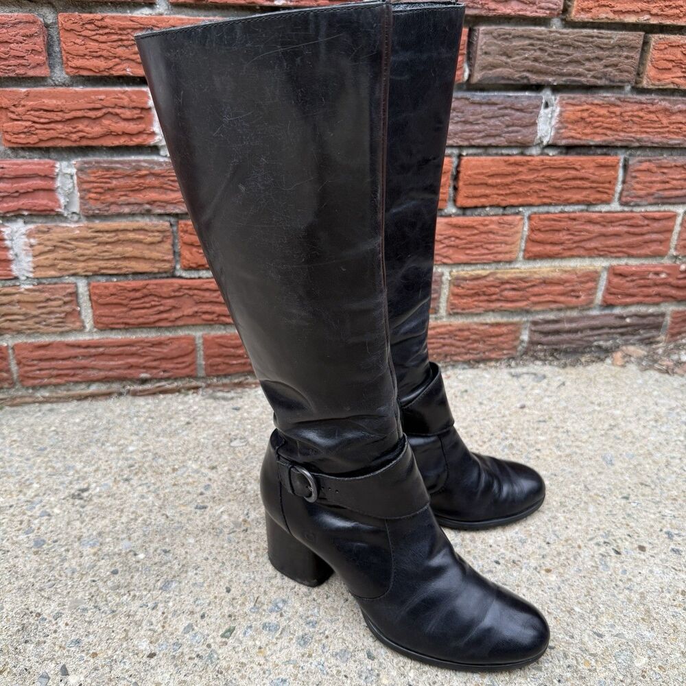 Born Black Leather Knee High Slouchy Buckle Boots Block Heel Size 7.5 M